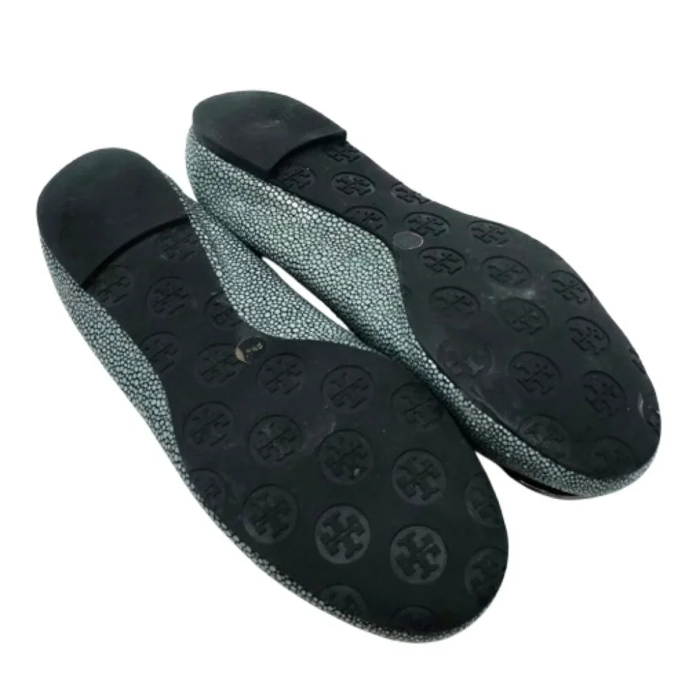 TORY BURCH~Gray Reva Logo~BALLET FLATS~ LEATHER SHOES in GRAY EEL~ SIZE 8.5M
